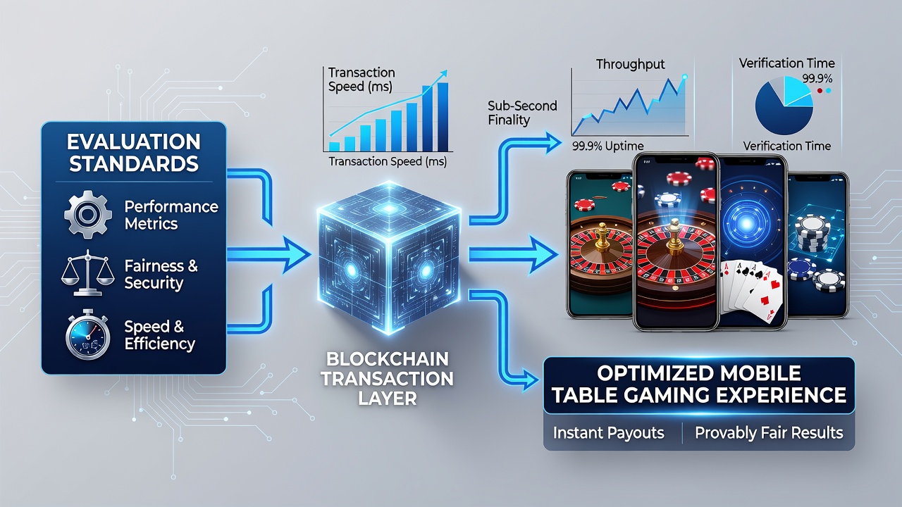 Data visualization dashboard displaying blockchain transaction speed metrics overlaid with platform evaluation scores for mobile table games