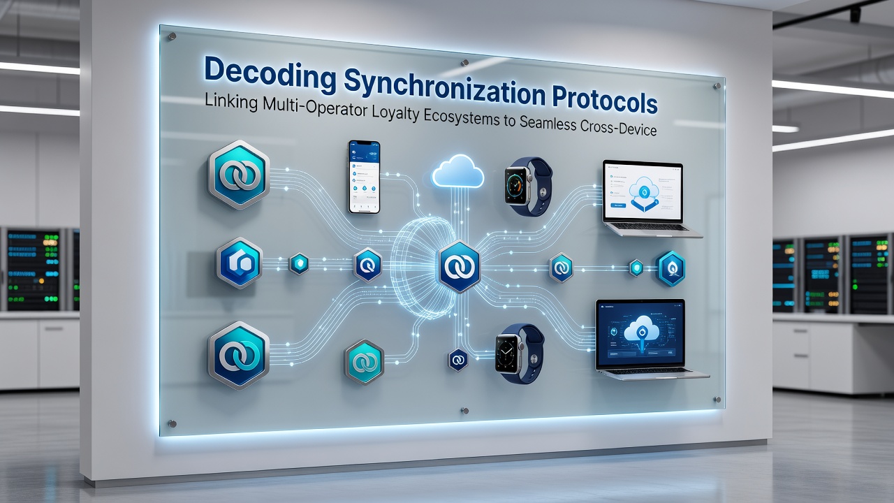 Illustration of users switching between mobile and desktop devices while loyalty points remain synchronized across operators