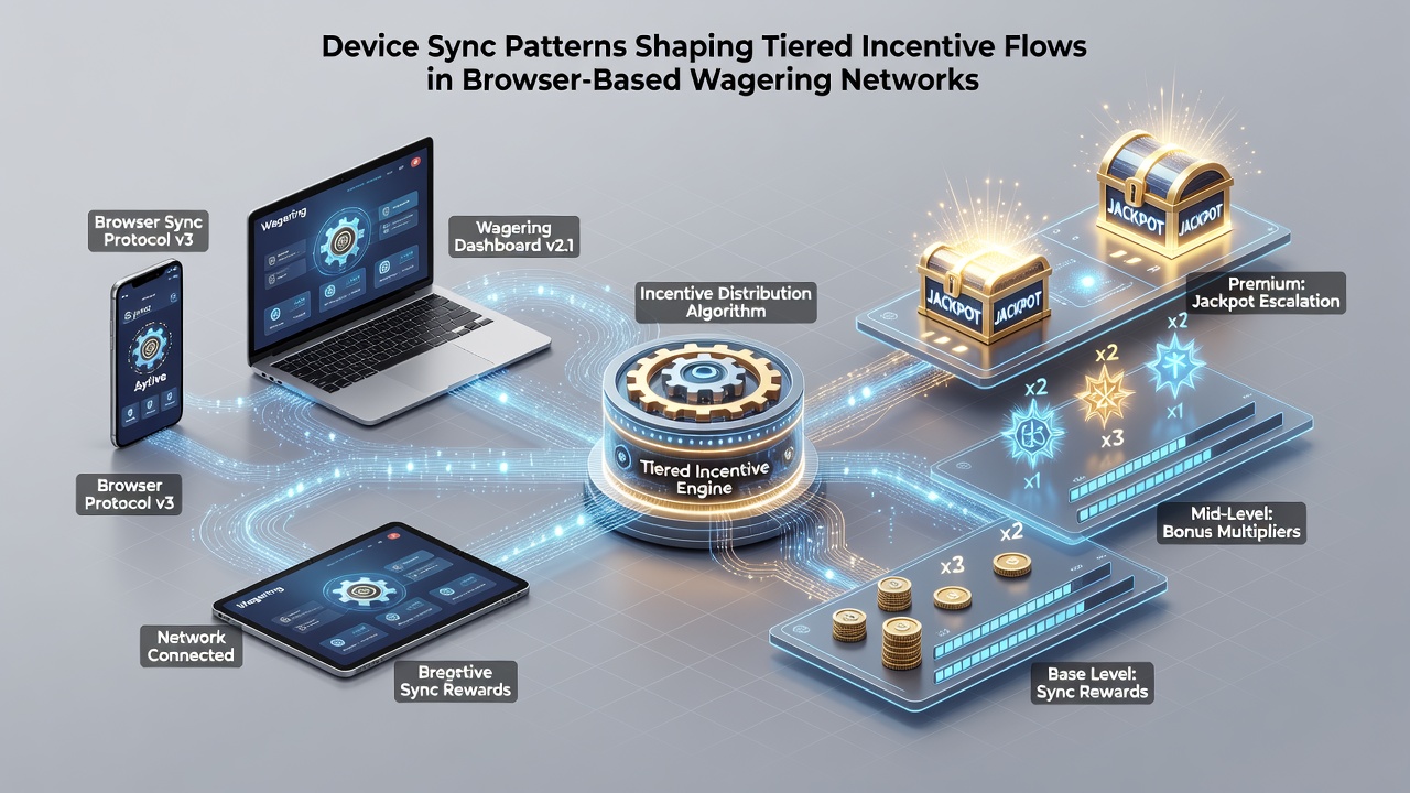 Network diagrams illustrating tiered incentive flows triggered by synchronized browser sessions across multiple devices