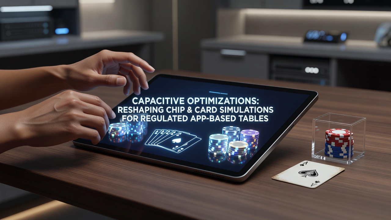 Advanced capacitive touch interface displaying simulated poker chips and playing cards on a regulated gaming app