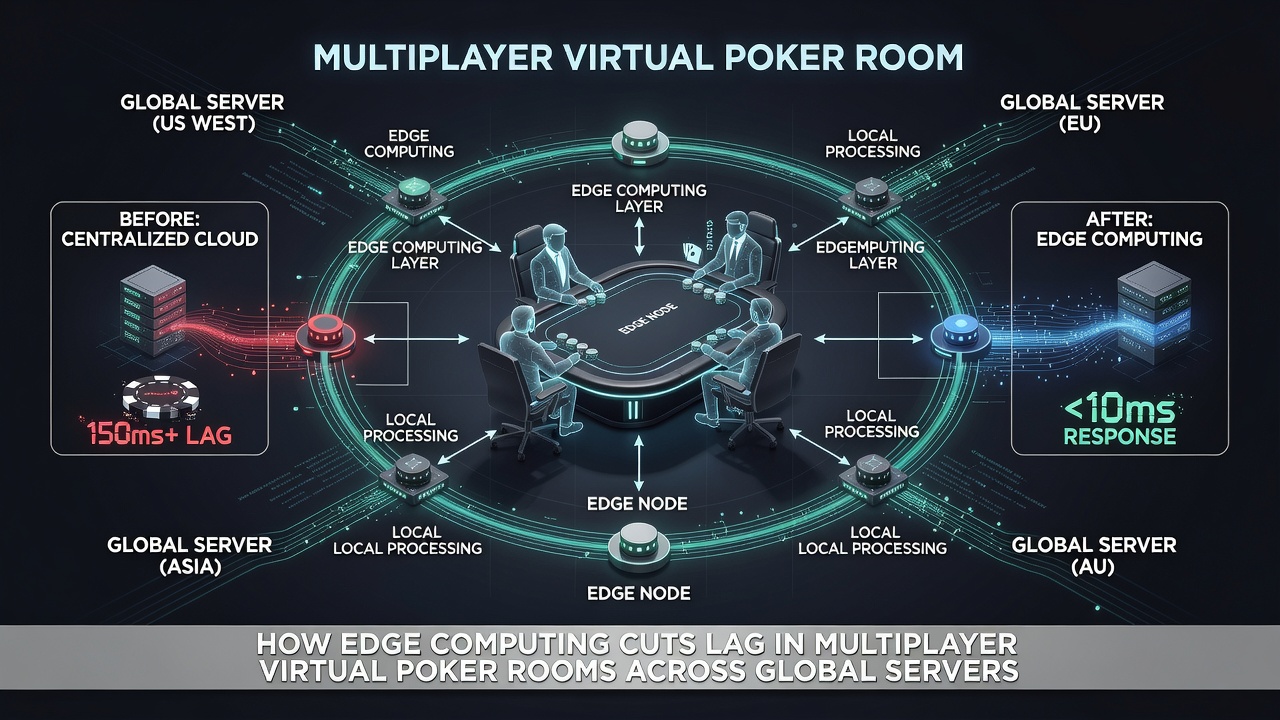 Network diagram showing data flow from player devices through edge nodes to central poker servers