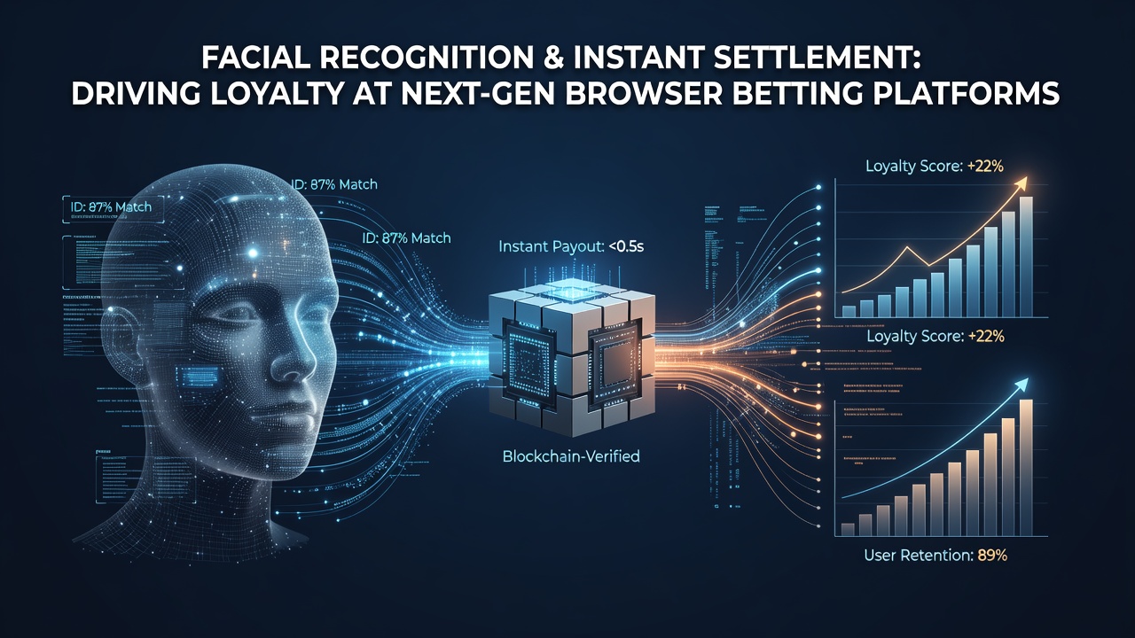 Browser-based betting interface showing facial recognition overlay during account login and real-time settlement confirmation