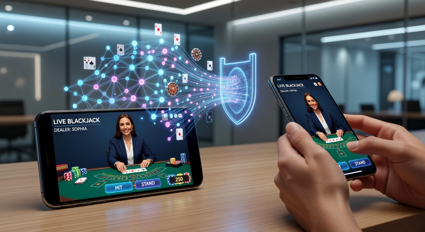 Close-up of a dealer's hands shuffling cards on a blackjack table, streamed live to a mobile interface with betting chips and chat features visible