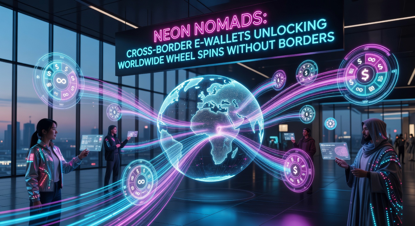Nomadic gamer using e-wallet app on phone to deposit into online slots, with world map overlay showing cross-border flows