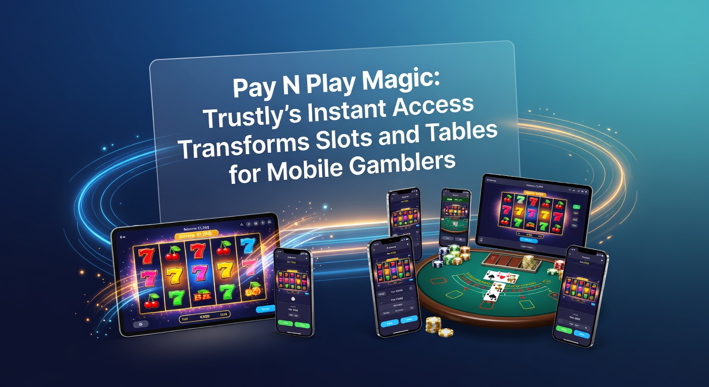 Mobile phone screen displaying a vibrant slot game interface with Trustly's Pay N Play login prompt, highlighting seamless bank integration