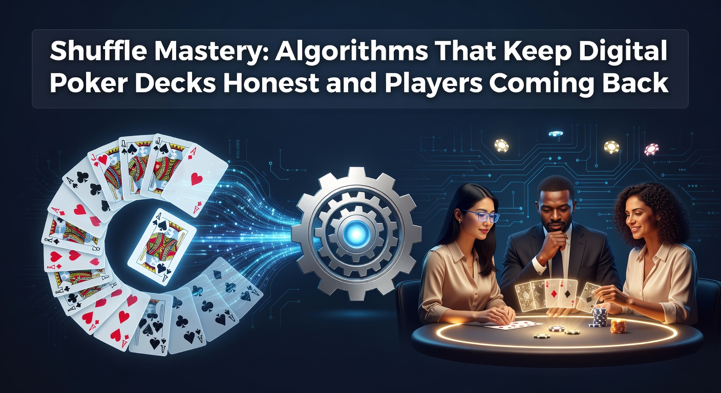 Digital visualization of a poker deck shuffling through algorithmic processes, cards flying and randomizing in a virtual space