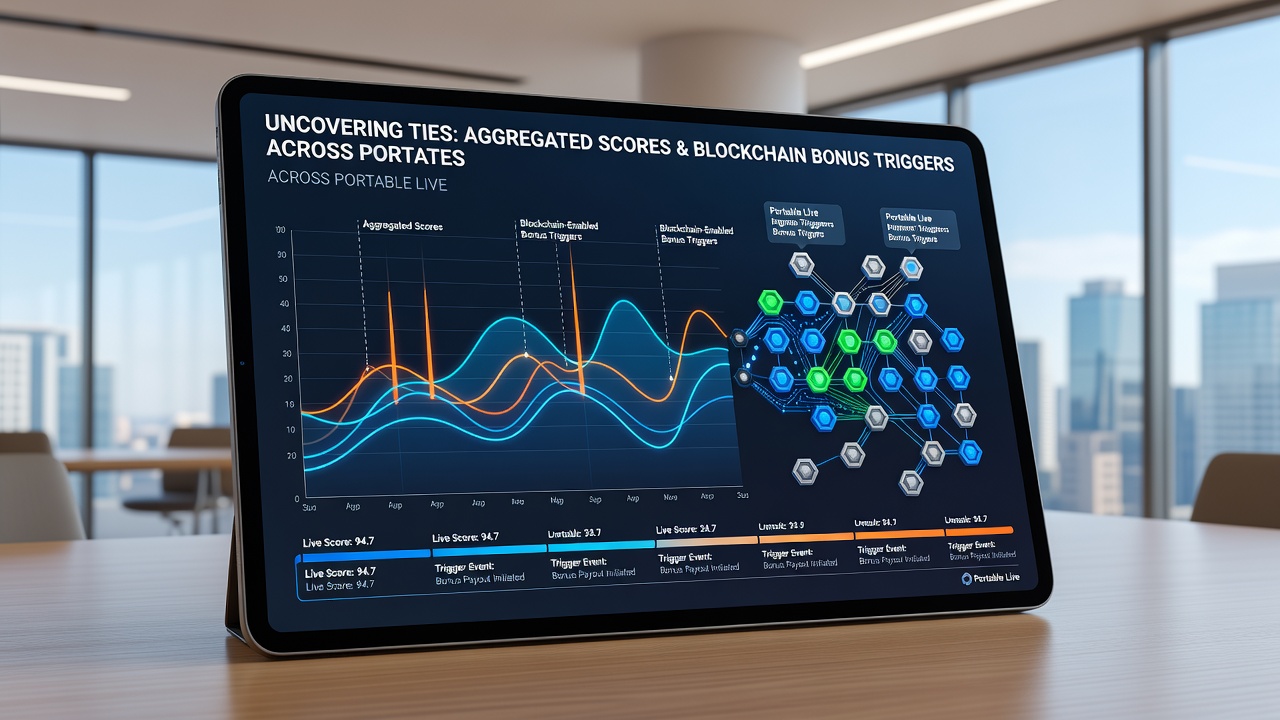 Blockchain network visualization showing score aggregation feeding into bonus trigger events on mobile live tables
